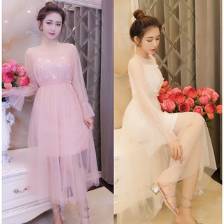 Đầm maxi ren chiffon dài tay chất mềm đẹp  Váy công chúa lấp lánh