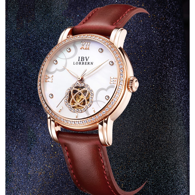 Đồng hồ nữ chính hãng LORBERN IBV6806-5 Kính sapphire ,chống xước,Chống nước ,BH 24 tháng,Máy cơ (Automatic) ,dây da nâu