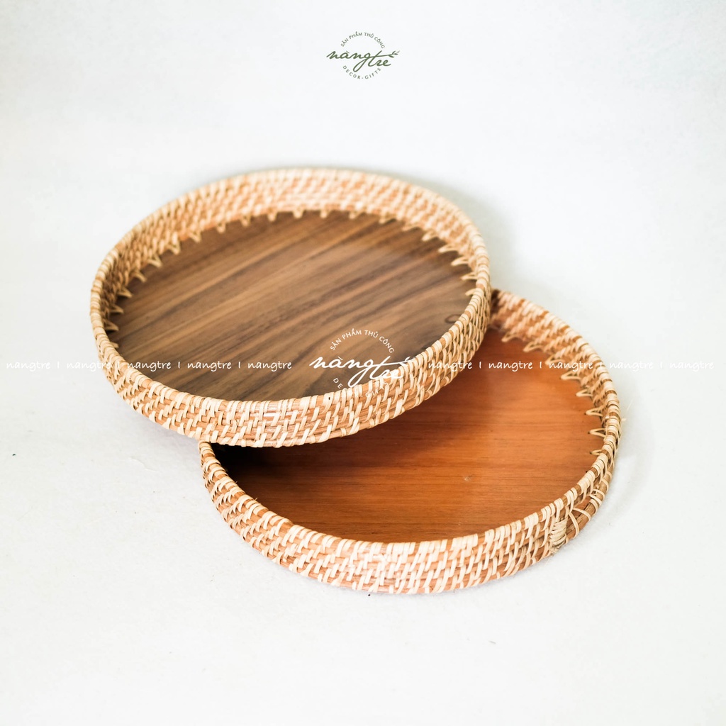 Khay trà gỗ óc chó - Khay tròn có quai (30cm) Wooden tea tray