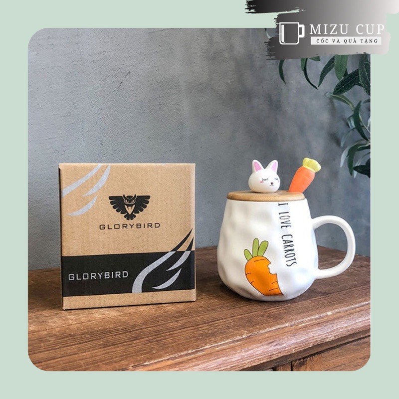 Cốc gốm sứ cao cấp hình thỏ cà rốt dễ thương kèm nắp thìa
