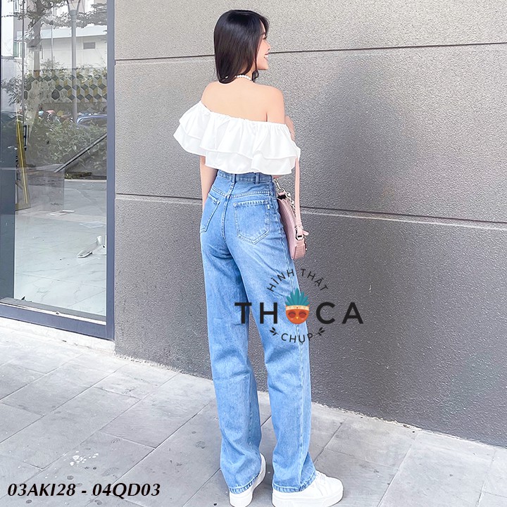 Quần nữ lai wax jean trơn ống rộng xanh đậm 04 THOCA HOUSE phổ thông, đơn giản cho nàng phối trang phục