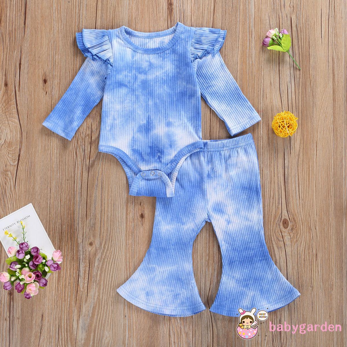 Bộ quần áo dài tay đáy tam giác + quần dài màu tie-dye thời trang sành điệu cho bé gái