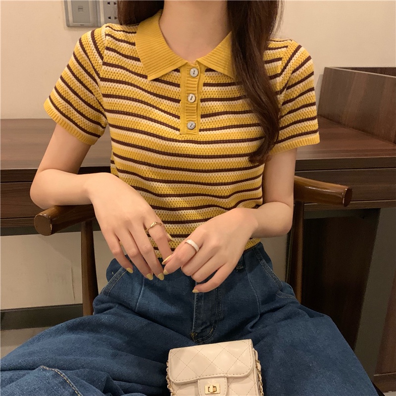 Áo thun ZHELIHANGFEI polo dệt kim tay ngắn kẻ sọc thời trang mùa hè dễ phối đồ cho nữ