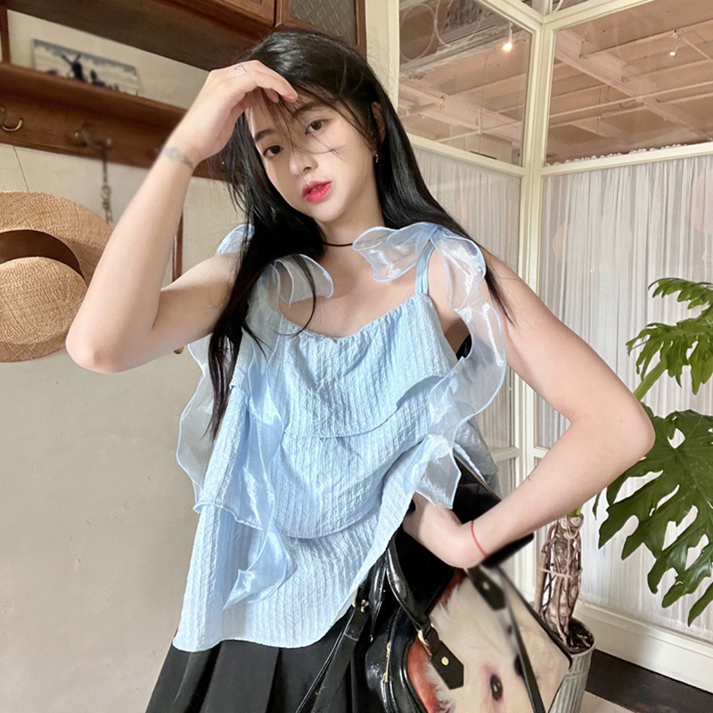 Áo Hai Dây Không Tay Thắt Nơ Màu Trơn Ngọt Ngào Phong Cách Hàn Quốc Thời Trang Cho Nữ