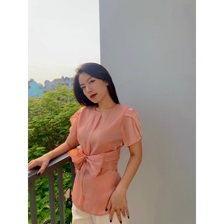 Áo sơ mi organza nơ hồng