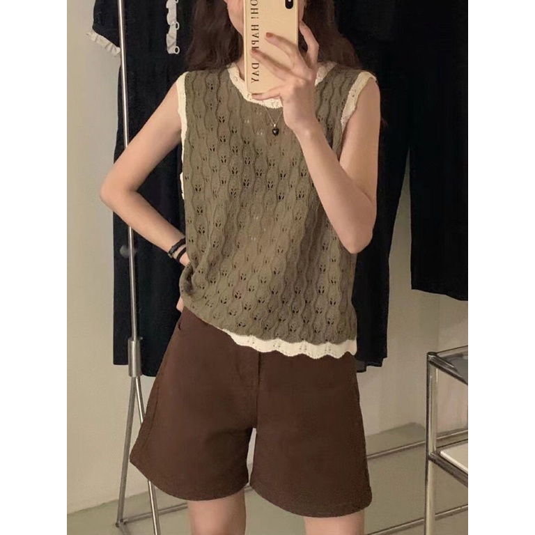 Áo Dệt Kim Sát Nách Dáng Rộng Phối Ren Màu Khối Thời Trang Mới Cho Nữ