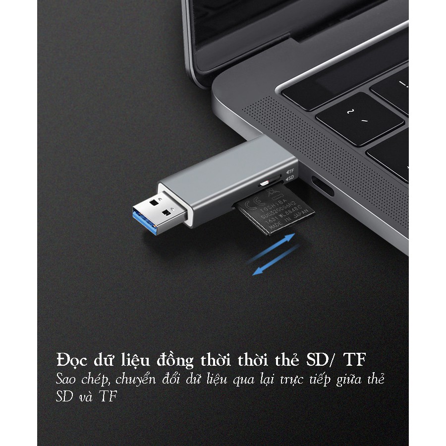 Đầu đọc thẻ nhớ SD/TF kết nối USB Type c và USB 3.0 vỏ nhôm cao cấp