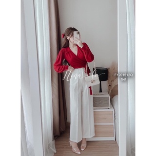 Set áo đỏ cổ đắp dây cột nơ phối quần suông! 275k