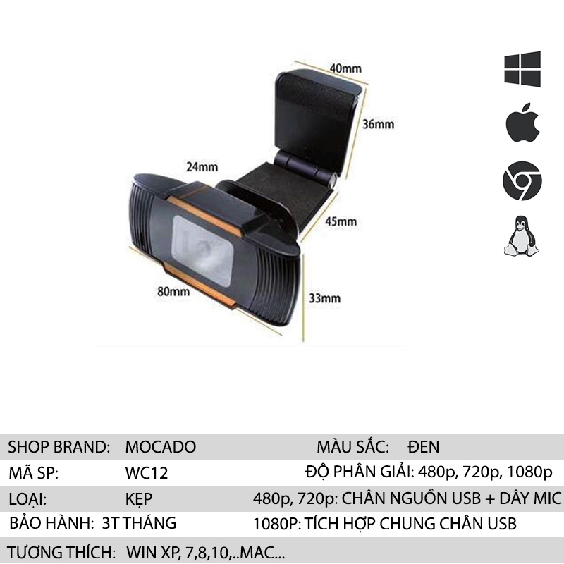 Webcam máy tính có mic laptop hd 720p 1080p livestream pc full hd cho máy tính giá rẻ MOCADO WC12