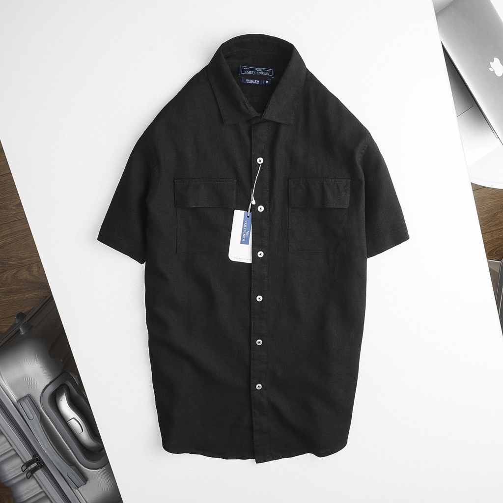 Áo sơ mi ngắn tay màu đen Dusty Tailor chính hãng thiết kế 2 túi, vải linen thoáng mát và bụi, form slimfit vừa vặn