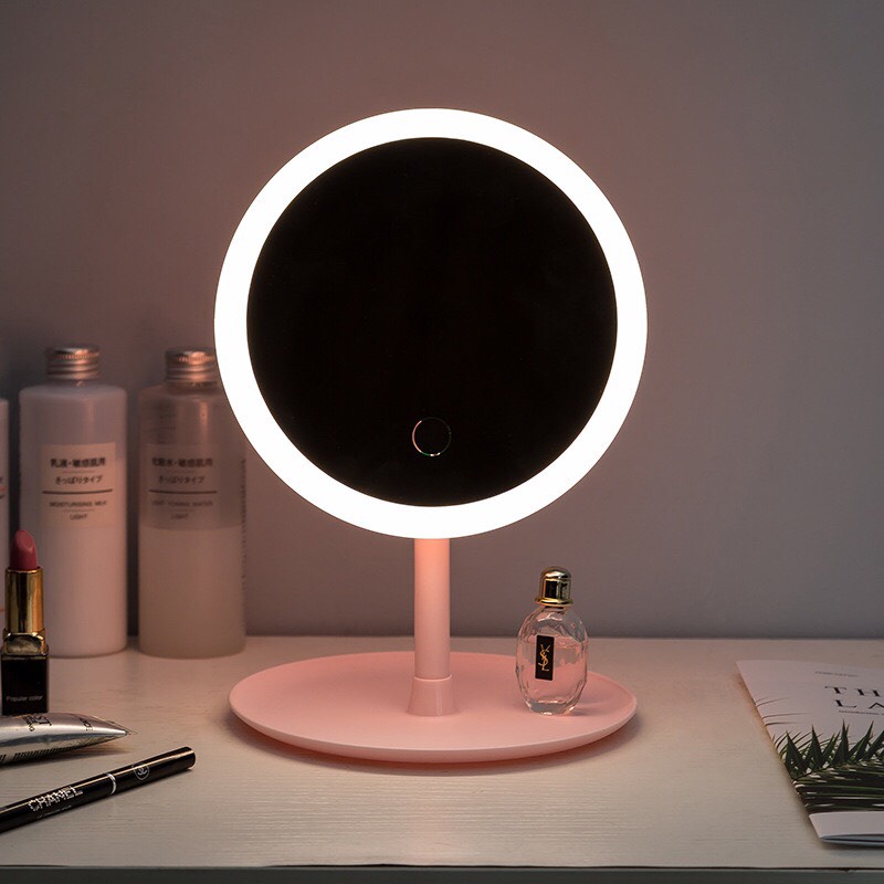 Gương Đèn Led MIUMIU Cao Cấp - Gương Tròn Led Soi Cảm Ứng Makeup Có Đèn Để Bàn Trang Điểm 3 Chế Độ Ánh Sáng