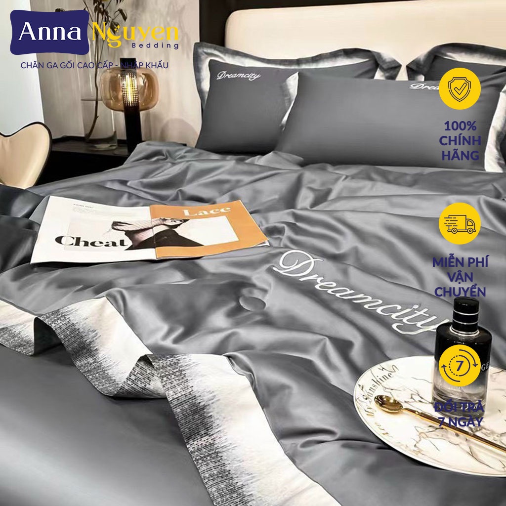 Bộ Chăn Ga Gối Đệm Lụa Thái Tencel Dream City Drap Giường Phi Bóng Cao Cấp Bo Chun Drap - Anna Nguyen Bedding