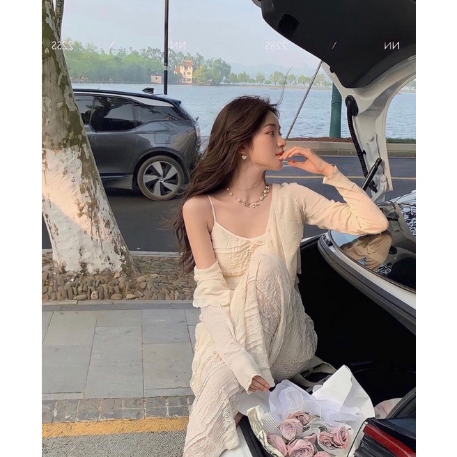 SET ĐẦM 2 DÂY BO EO MIDI KEM + ÁO KHOÁC MỎNG BI NỔI