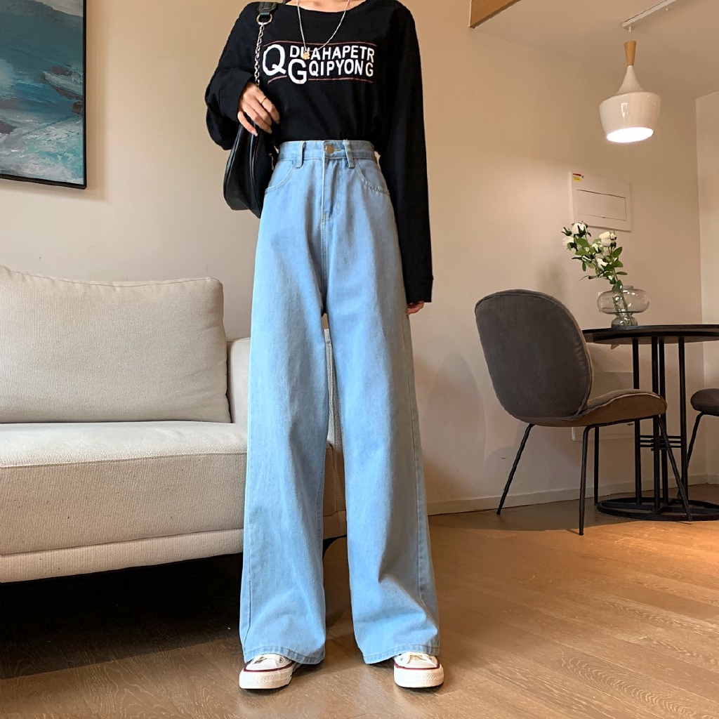 Quần jeans lưng cao ống rộng đứng thời trang cho nữ