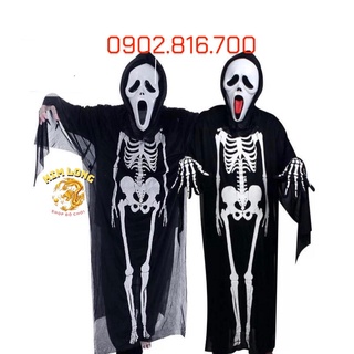 Sét 3 món Áo Choàng có nón và găng tay và mặt nạ hình Bộ Xương cho trẻ em và người lớn trang phục hóa trang HALLOWEEN