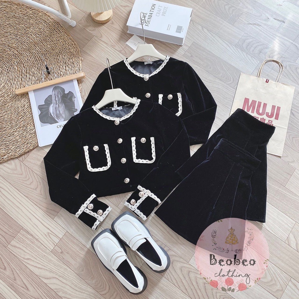 Set áo nhung viền trắng tay dài kèm chân váy chữ A ulzzang