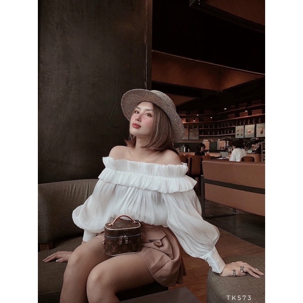 Áo nữ trễ vai tay dài phồng chất liệu orangza màu trắng xanh hồng vàng Np shop