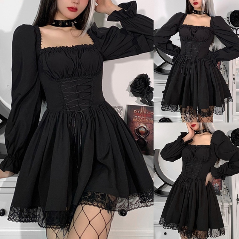 Youyo Đầm Dáng Chữ A Tay Phồng Dài Phối Ren Phong Cách Gothic Lolita Cho Nữ