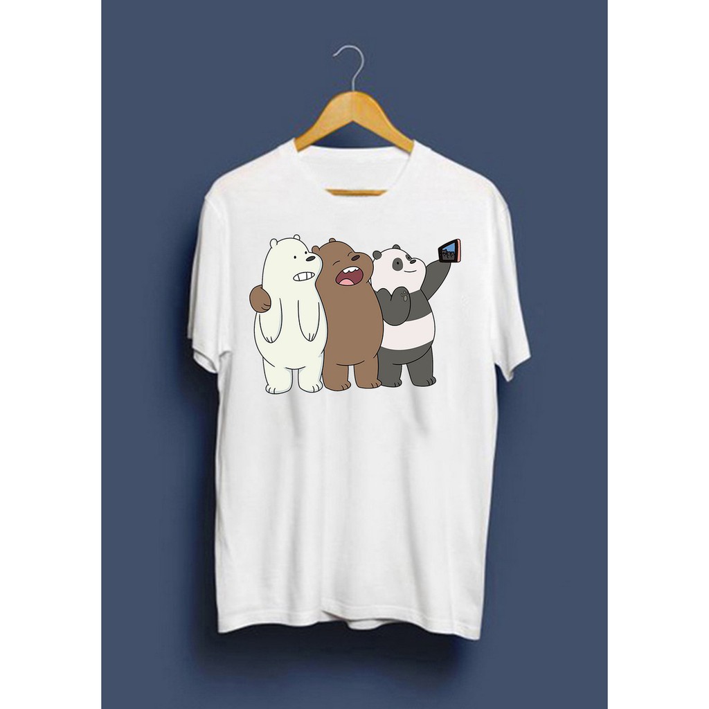 Áo Thun Cotton Ba Con Gấu Chụp Hình Unisex Nam Nữ Trắng Đen