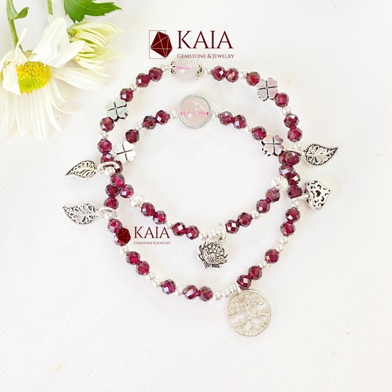 Vòng tay phong thuỷ Ngọc Hồng Lựu - Garnet mix charm bạc phụ kiện thời trang nữ may mắn bình an - KAIA