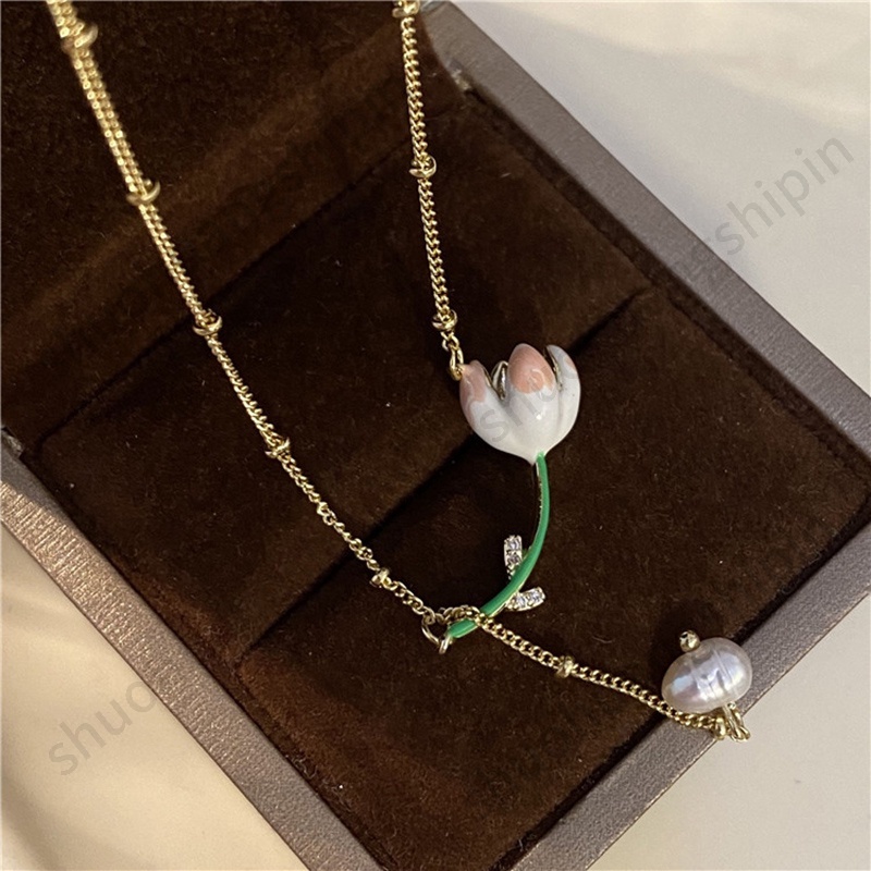 Dây Chuyền Mặt Hoa Tulip Đính Ngọc Trai Nhân Tạo Thanh Lịch