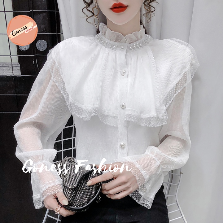 Áo sơ mi nữ Goness dài tay hai lớp phối ren công sở cao cấp kiểu cổ bèo đẹp nhiều màu sang trọng A12