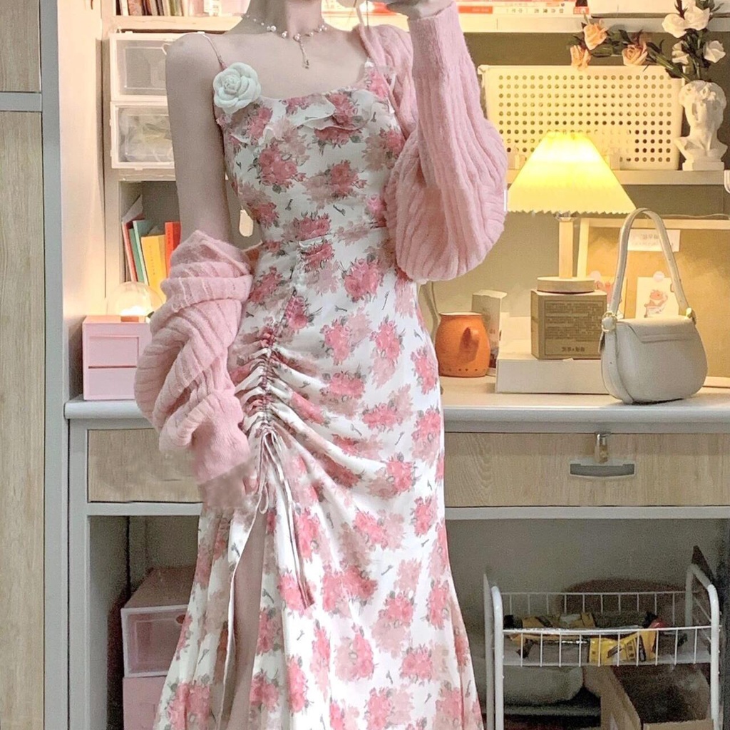 Đầm Dệt Kim Tay Dài Phối Khăn Choàng Cổ Thời Trang Cho Nữ