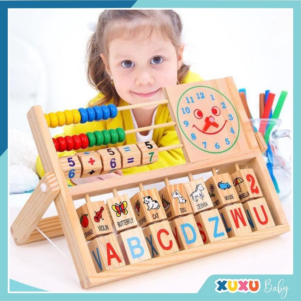 Đồ chơi kệ gỗ học tập thông minh cho bé gồm kệ chữ Tiếng Anh, tập làm toán và xem đồng hồ theo phương pháp Montessori