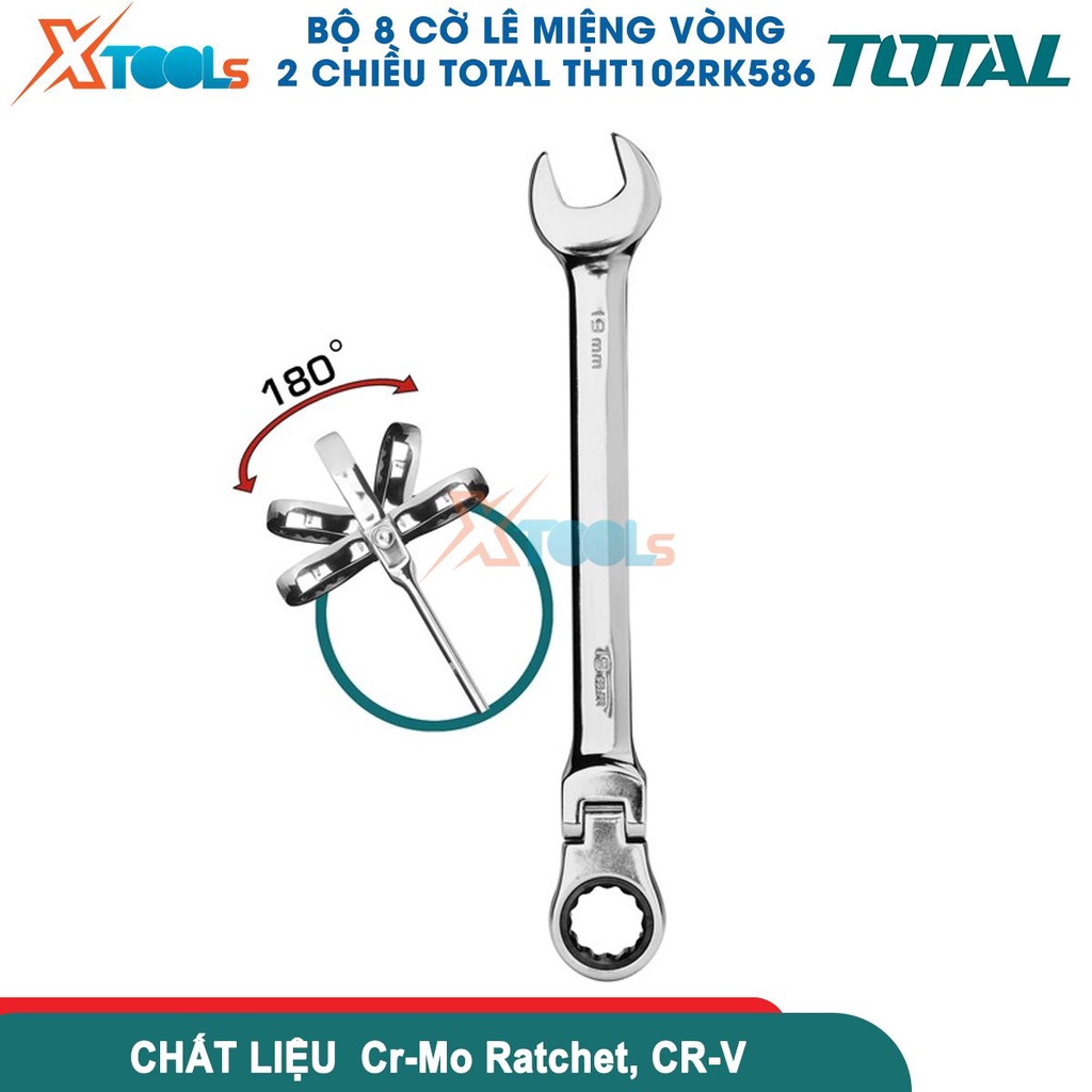 Bộ 8 cờ lê vòng miệng 2 chiều TOTAL THT102RK586 chất liệu Cr-Mo chất lượng cao, kích thước 8-19mm -CHÍNH HÃNG-XTOOLS