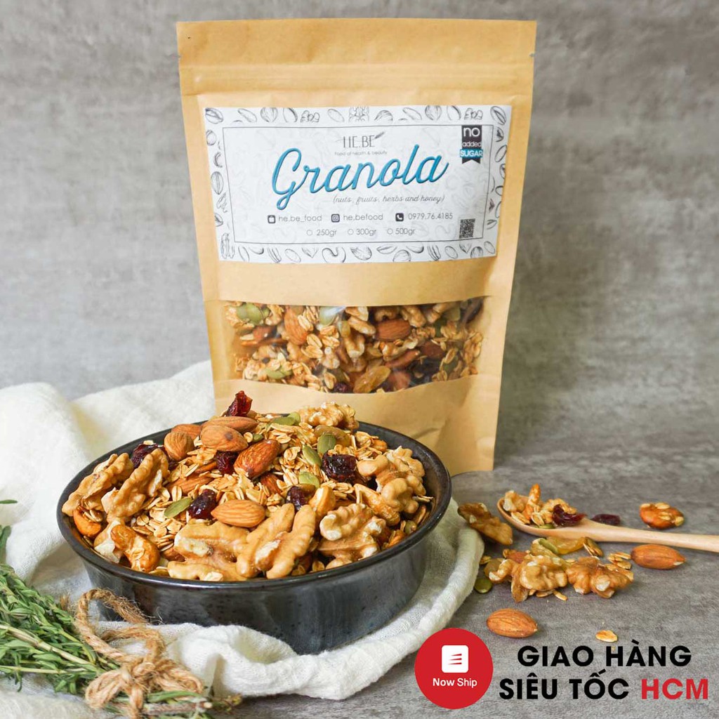 [Mã 267FMCGSALE giảm 8% đơn 500K] Granola KHÔNG NHO Ăn Kiêng HeBe Không Đường, Ngũ Cốc Giảm Cân Tự Nhiên
