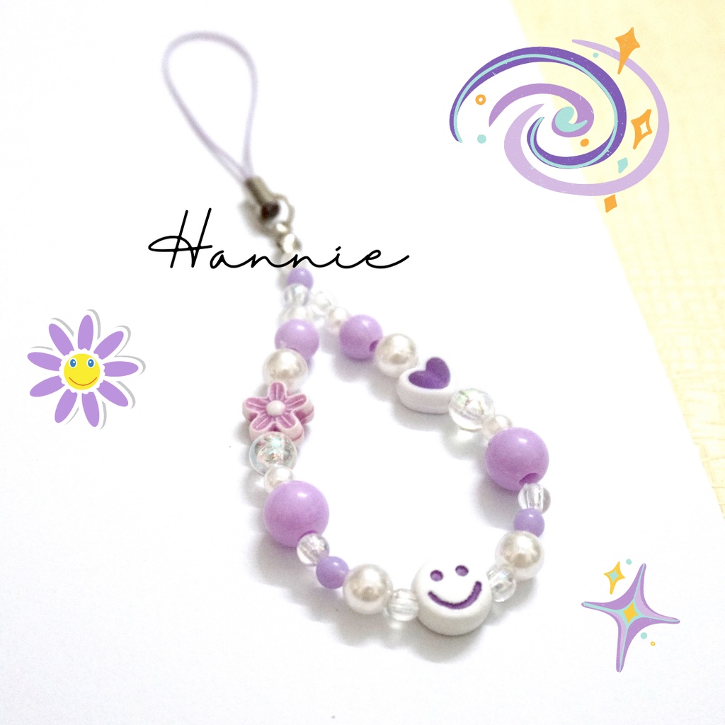 (Đỏ/Tím/Cam/Hồng/Xanh/Vàng) Móc khóa hạt trai mặt cười - Phụ kiện dây treo điện thoại túi xách balo chìa khóa handmade