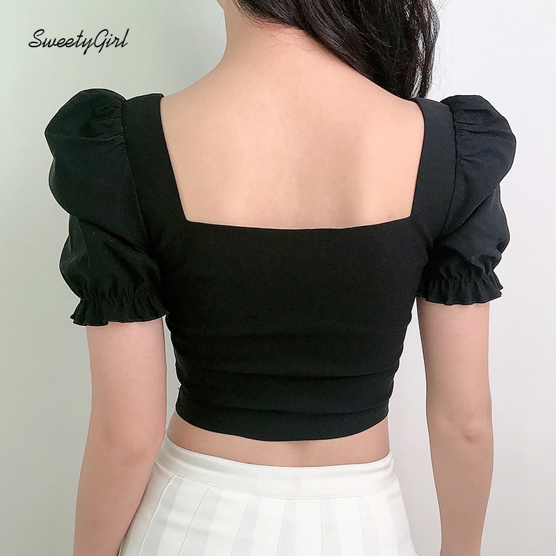 Áo Croptop Cổ Vuông Tay Ngắn Màu Trơn