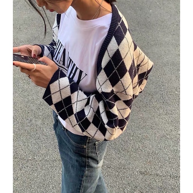 Porozi  Áo khoác cardigan kiêm khăn choàng dài họa tiết kim cương phong cách Hàn Quốc xinh xắn dành cho nữ