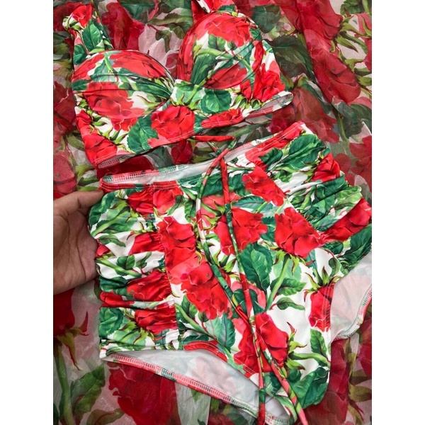 [ĐỒ BƠI CAO CẤP] Bikini 2 mảnh lưng cao che bụng mix áo gọng nâng ngực hoạ tiết hoa lá nhiều màu