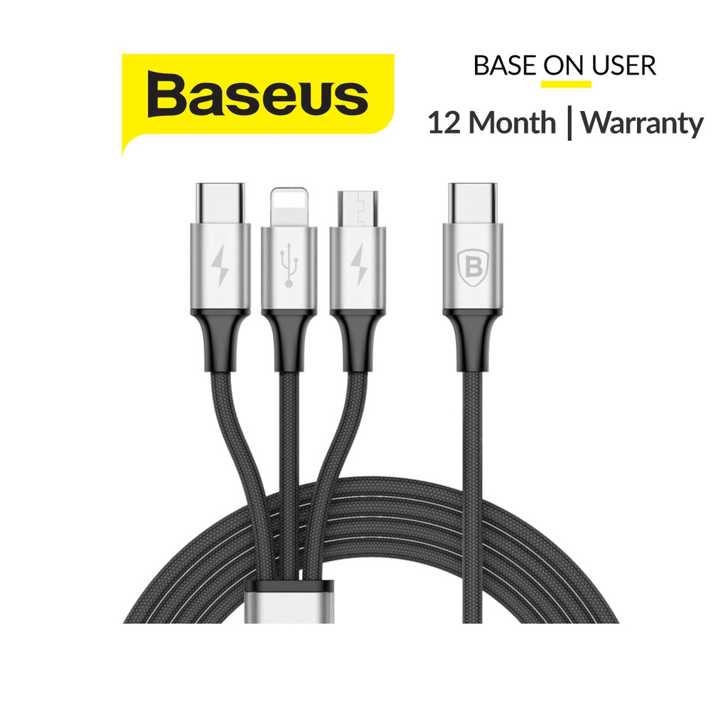 Cáp sạc Baseus USB Type-C 3-in-1 Cable, sạc chuẩn từ Type-C ra 3 đầu Lightning/Micro/Type-C, dài 120cm, sạc nhanh 3A