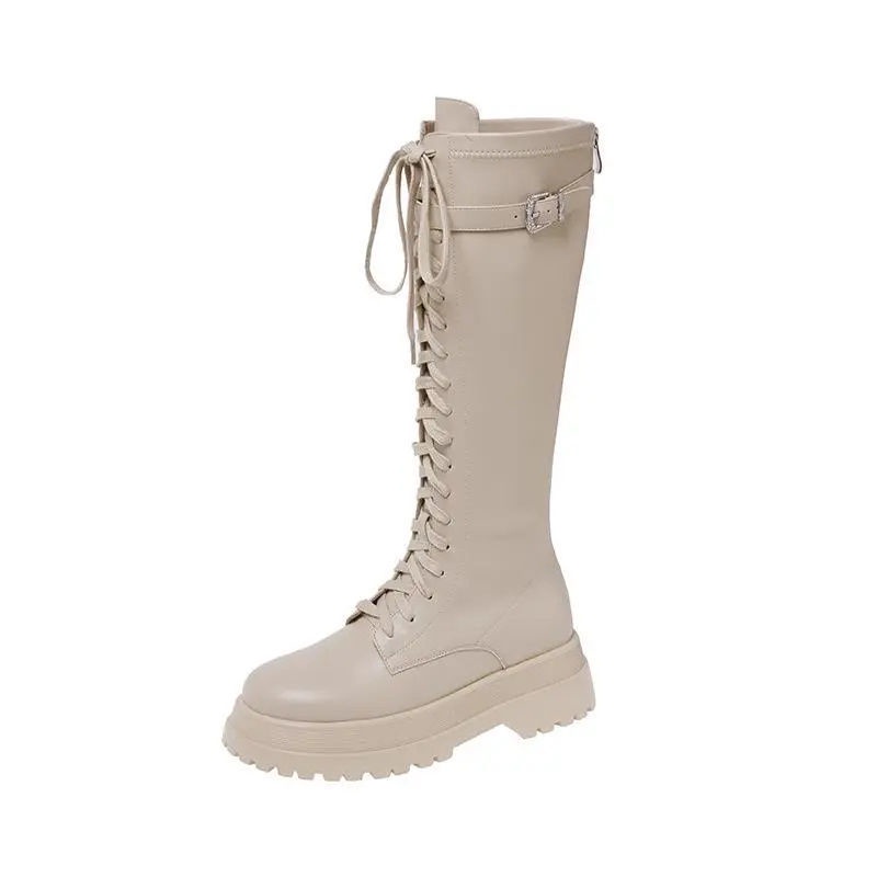 Giày Bốt Cao Gót Bằng Da Mềm Đế Dày Buộc Dây Thời Trang Mùa Thu Cho Nữ