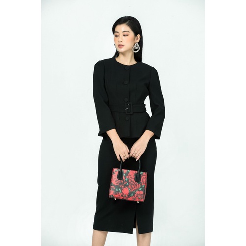Áo vest nữ đen cổ tròn phối đai