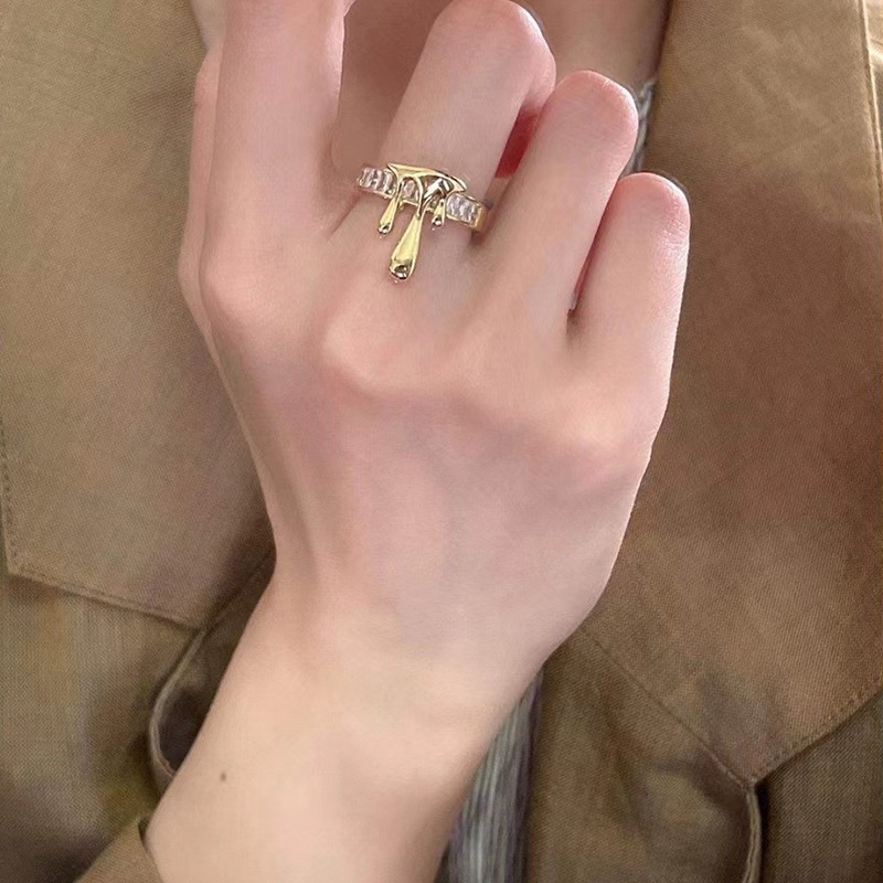 Nhẫn Hở Đính Đá Zircon Hình Giọt Nước Phong Cách Hip Hop Hàn Quốc Thời Trang