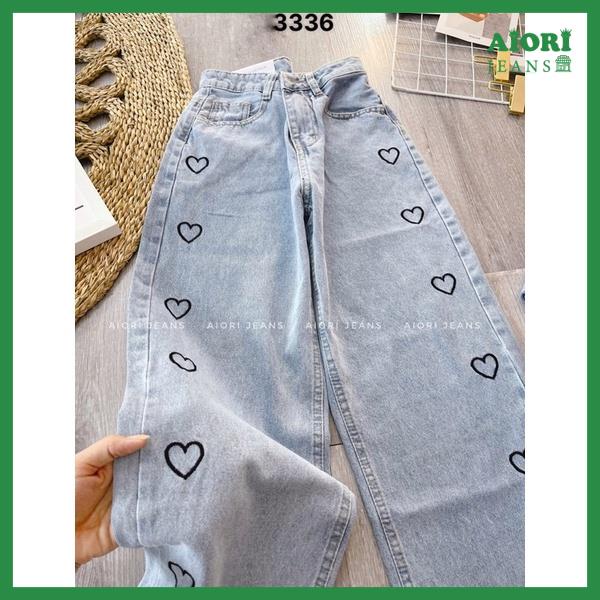 Quần Jeans Nữ, Quần Bò Nữ Aiori Ống Rộng Cạp Cao Họa Tiết Trái Tim Đen Bò Suông Phong Cách Thời Trang Hàn Quốc_Mã 3336