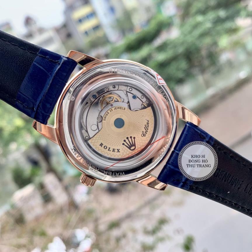 Đồng hồ Nam Rolex máy nhật, mẫu 6kim đính đá, mặt xanh viền vàng, dây da, dòng cơ Automatic size 40mm-41mm