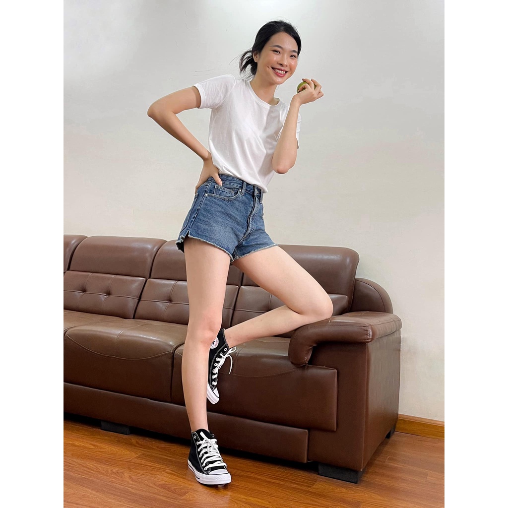 TheBlueTshirt - Quần Shorts Jeans Lưng Cao Nữ - The Shorts You’ve Been Waiting For - Real Blue Wash