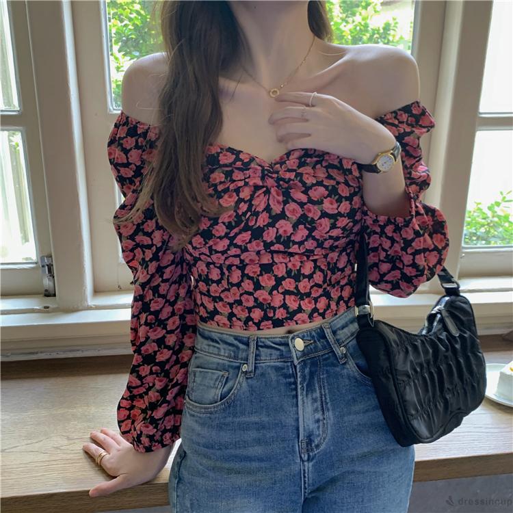 Áo kiểu trễ vai tay dài dáng ôm in họa tiết hoa thanh lịch dành cho nữ | BigBuy360 - bigbuy360.vn