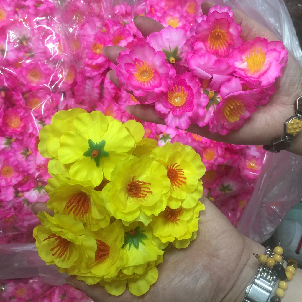 50 bông hoa đào,mai vải trang trí Tết