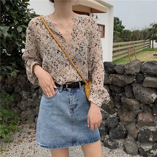 Áo Voan Hoa Nhí Kiểu Tay Bồng Dài Tay Bánh Bèo Retro Cổ Tim Hàn Quốc Áo Voan Hoa Kiểu Tay Phồng Tiểu Thư Ulzzang Vintage
