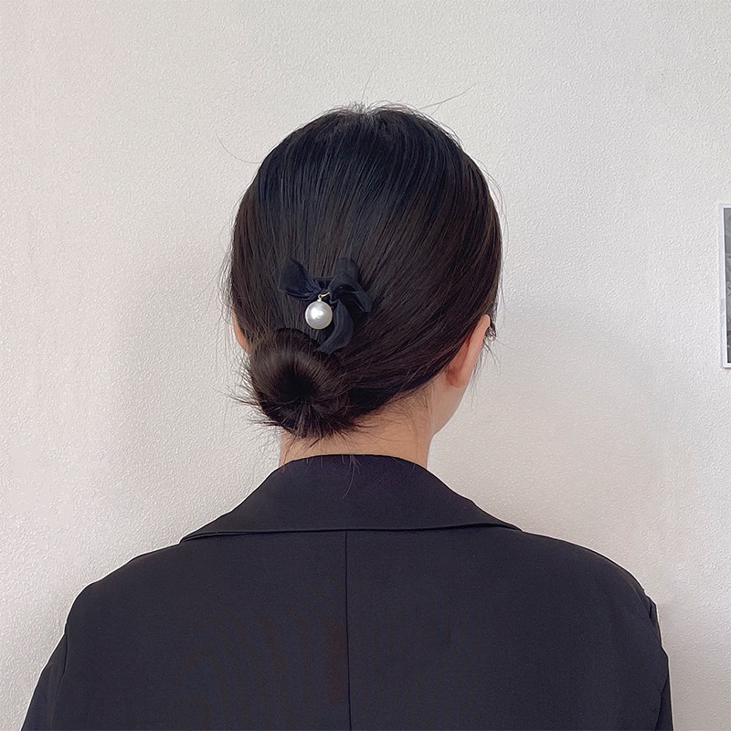 Trâm cài tóc đính nơ bằng vải lưới và ngọc trai giả thời trang Hàn Quốc phong cách đơn giản cho nữ