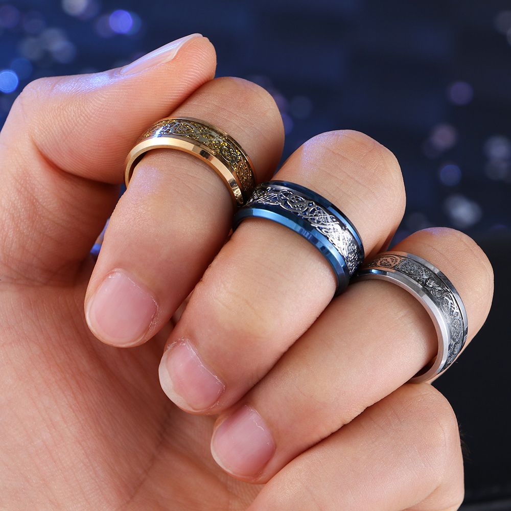 Nhẫn bằng thép titan không gỉ 8mm hình rồng nhiều màu sắc phong cách cổ điển dành cho nam