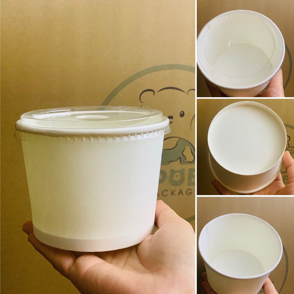 100 Bát giấy 20oz 600ml 115x90x90mm gồm nắp trắng trơn Hapobe