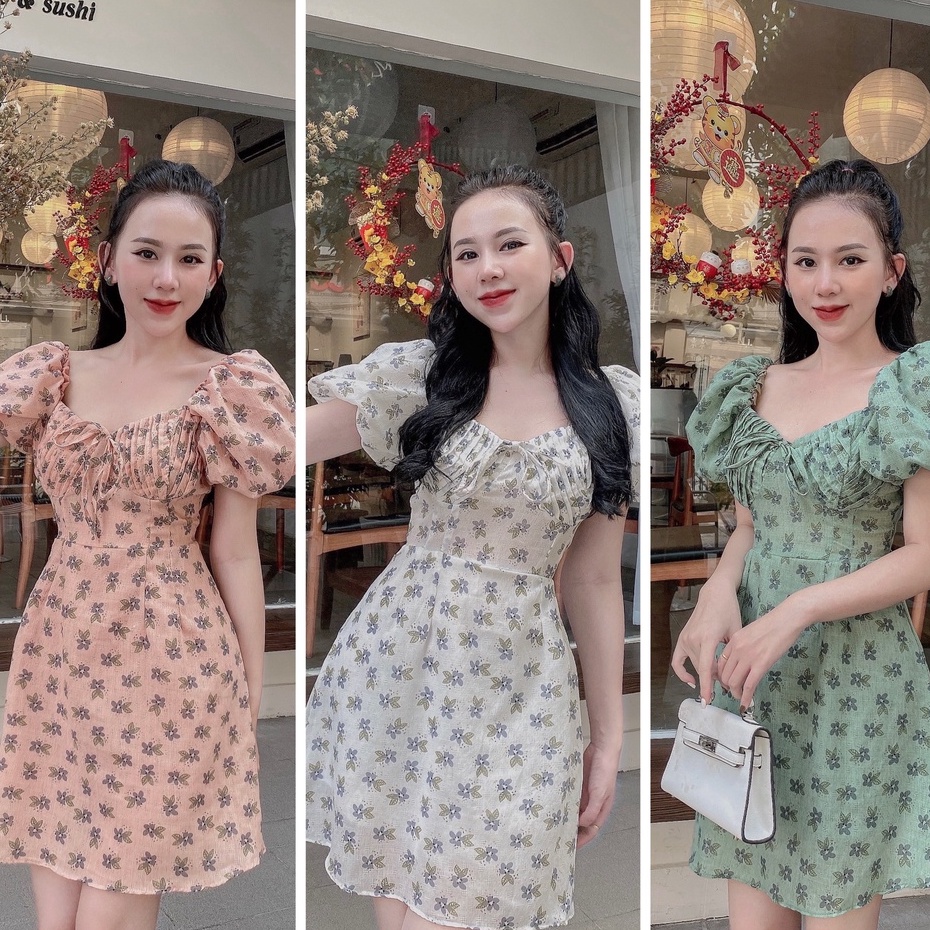 Đầm Hoa Xanh Hồng Trắng TP Xếp Li Ngực