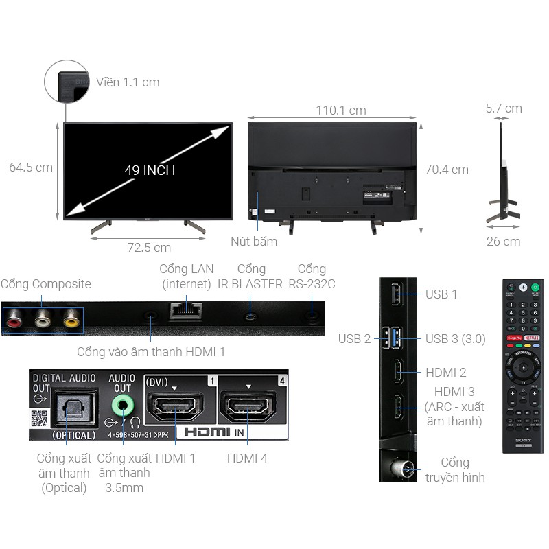 Tivi SONY 49 inch 4K Smart Tivi màu đen KD-49X8000G (vận chuyển miễn phí khu vực thành phố Hà Nội ) | BigBuy360 - bigbuy360.vn