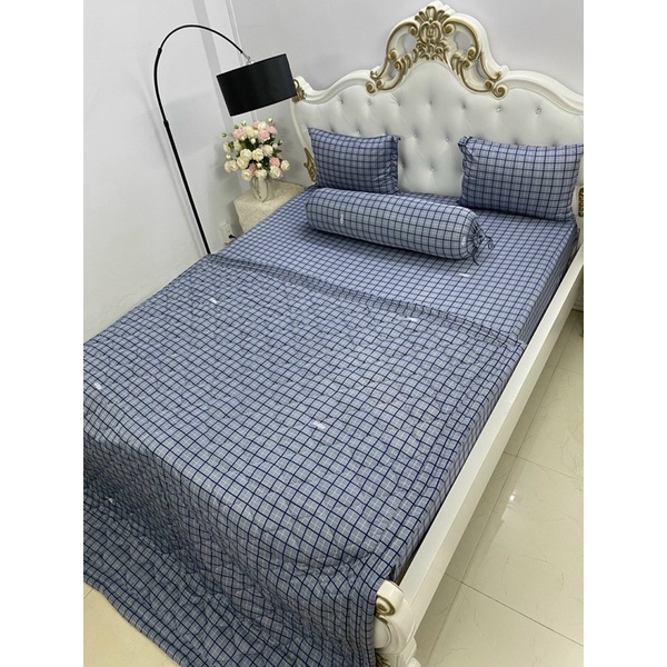 Bộ ga gối thun mẫu caro xám xanh